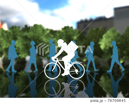 通行人の多い街中を自転車で走るデリバリーサービスの男性シルエット マスク姿 Cgイラスト横のイラスト素材