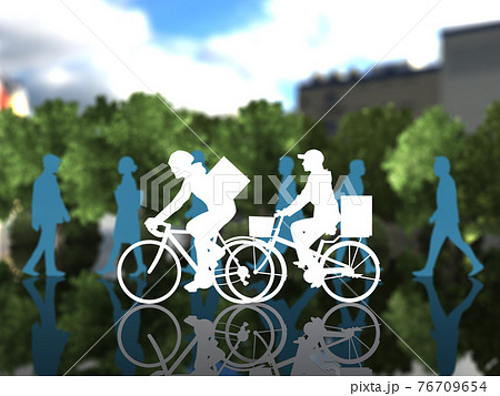 通行人の多い街中を自転車で走るデリバリーサービスの男女シルエット CGイラスト横 通行人の多い街中を自転車で走るデリバリーサービスの男女シルエット CGイラスト横 76709654
