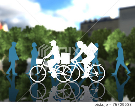 通行人の多い街中を自転車で走るデリバリーサービスの女男シルエット Cgイラスト横のイラスト素材