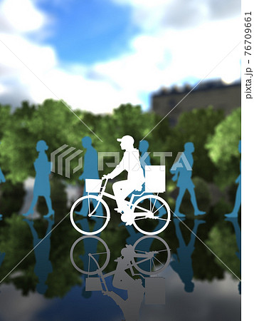 通行人の多い街中を自転車で走るデリバリーサービスの女性シルエット　CGイラスト縦 76709661