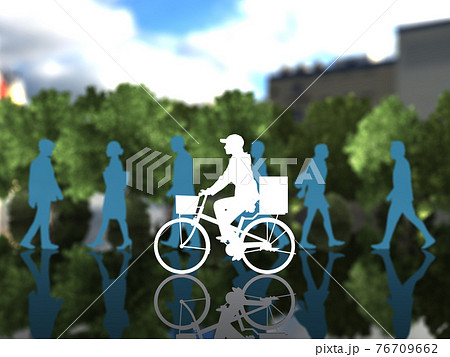 通行人の多い街中を自転車で走るデリバリーサービスの女性シルエット Cgイラスト横のイラスト素材