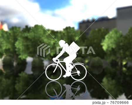 街中を自転車で走るデリバリーサービスの男性シルエット Cgイラスト横のイラスト素材