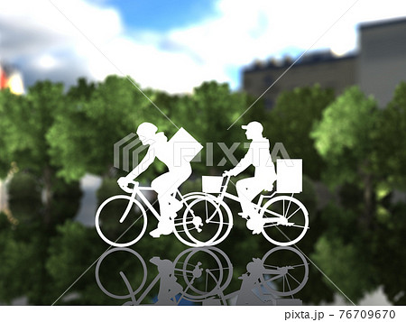 街中を自転車で走るデリバリーサービスの男女シルエット Cgイラスト横のイラスト素材