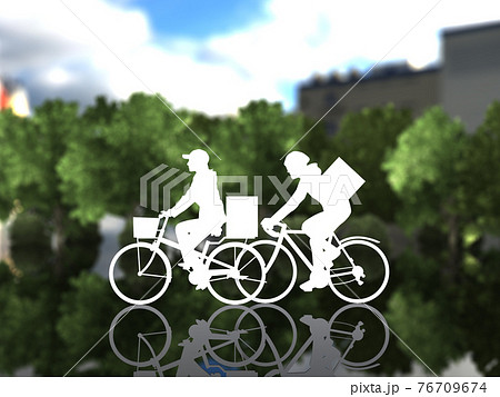 街中を自転車で走るデリバリーサービスの女男シルエット Cgイラスト横のイラスト素材