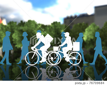 街中で通行人の近くを自転車で走るデリバリーサービスの男女シルエット マスク姿 CGイラスト横 街中で通行人の近くを自転車で走るデリバリーサービスの男女シルエット マスク姿 CGイラスト横 76709684