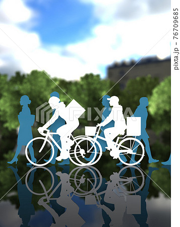 街中で通行人の近くを自転車で走るデリバリーサービスの男女シルエット CGイラスト縦 街中で通行人の近くを自転車で走るデリバリーサービスの男女シルエット CGイラスト縦 76709685