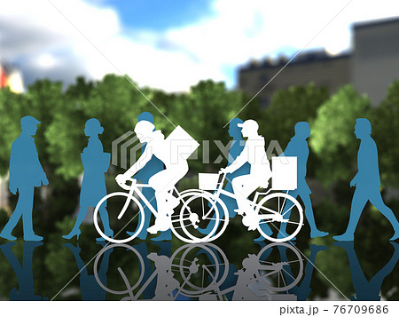 街中で通行人の近くを自転車で走るデリバリーサービスの男女シルエット Cgイラスト横のイラスト素材