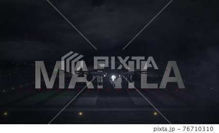 MANILA text and commercial plane taking off from the airport runway at night, 3d rendering 76710310