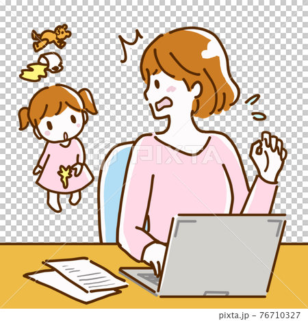 リモートワーク中に子どもが飲み物を服にこぼしたのを見て慌てる母親の線画イラスト 76710327