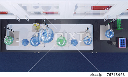 Flasks in science medical laboratory Top view 3D Flasks in science medical laboratory Top view 3D 76713968