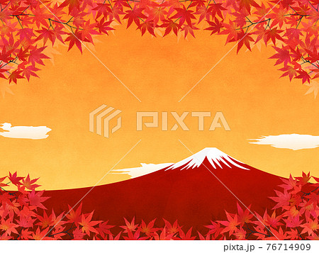 水彩画風加工 夕焼け 紅葉 富士山の風景 横向き のイラスト素材