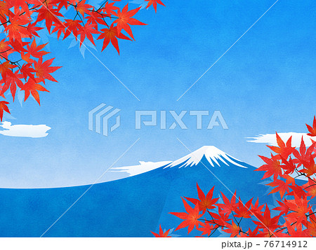 水彩画風加工 紅葉 富士山の風景 横向き のイラスト素材