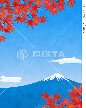 水彩画風加工 紅葉 富士山の風景 縦向き のイラスト素材
