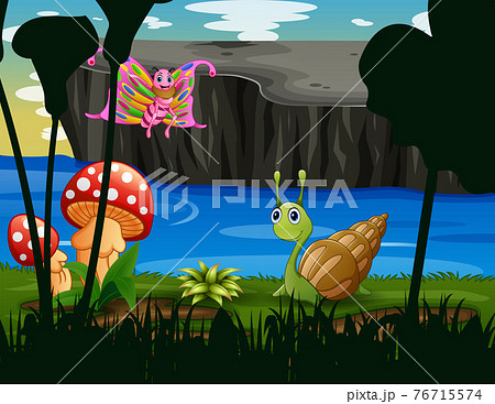 Cartoon a butterfly and snail playing by the river 76715574