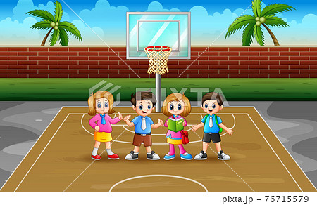 Happy school children in the basketball court	 76715579