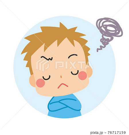 腕組みをして考え込んでいる可愛い小さな男の子のイラスト アイコン 白背景のイラスト素材