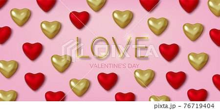 Valentines Day greeting card. Realistic 3d red and gold hearts in tinsel with metallic text . Love and wedding. Template for products, web banners and leaflets. Vector Valentines Day greeting card. Realistic 3d red and gold hearts in tinsel with metallic text . Love and wedding. Template for products, web banners and leaflets. Vector 76719404