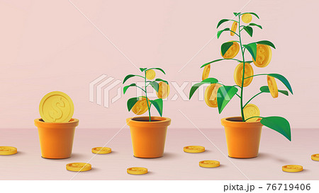 Realistic Money tree with gold coins dollars. Finance and banks, savings and investments. Vector Realistic Money tree with gold coins dollars. Finance and banks, savings and investments. Vector 76719406