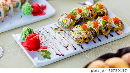 Colorful sushi roll with salmon. Japanese food 76720157