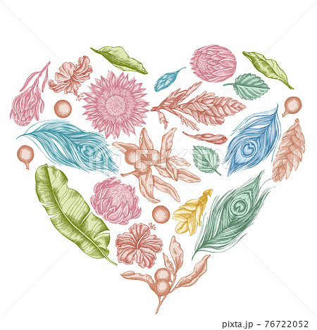 Heart floral design with pastel banana palm leaves, hibiscus, solanum, bromeliad, peacock feathers 76722052