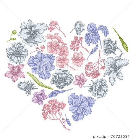 Heart floral design with pastel anemone, lavender, rosemary everlasting, phalaenopsis, lily, iris 76722054