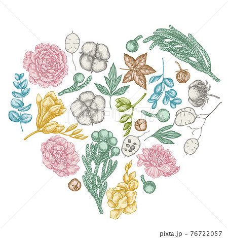 Heart floral design with pastel ficus, eucalyptus, peony, cotton, freesia, brunia Heart floral design with pastel ficus, eucalyptus, peony, cotton, freesia, brunia 76722057
