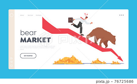 Bear Market Landing Page Template. Business Investor Character on Drop Arrow with Bear Go Down the Chart, Stock Crisis 76725686