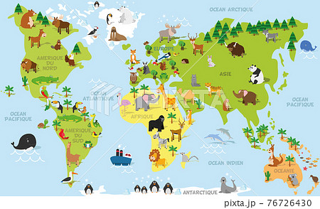 Funny cartoon world map in french with traditional animals of all the continents and oceans. Vector illustration for preschool education and kids design Funny cartoon world map in french with traditional animals of all the continents and oceans. Vector illustration for preschool education and kids design 76726430