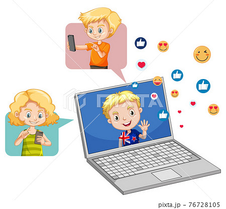 Children with social media elements on white background Children with social media elements on white background 76728105