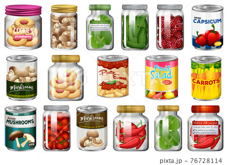 Set of different canned food and food in jars isolated 76728114