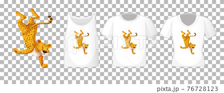 Set of different shirts with leopard dancing cartoon character isolated on transparent background Set of different shirts with leopard dancing cartoon character isolated on transparent background 76728123