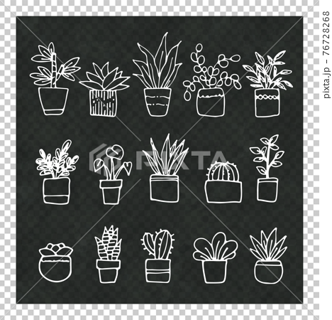 手描きの観葉植物イラストセット 白い線画のイラスト素材