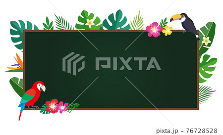 南国トロピカル背景と二羽の鳥。中央に黒板の背景素材（16:9比率） 76728528
