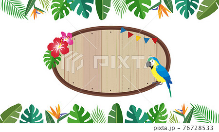南国トロピカル 中央の木製看板にハイビスカスと鳥 メッセージボード 16 9比率 のイラスト素材
