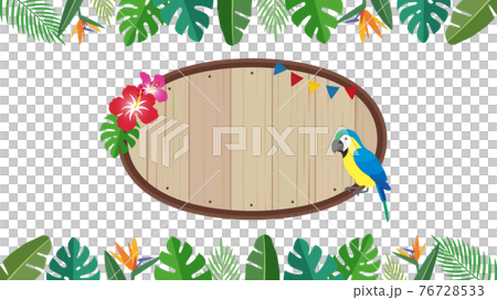 南国トロピカル、中央の木製看板にハイビスカスと鳥。メッセージボード（16:9比率） 76728533