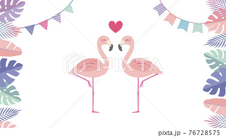 ファンシーリゾートで愛の告白 フラミンゴ二羽と中央にハートのイラスト素材