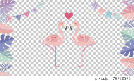 ファンシーリゾートで愛の告白 フラミンゴ二羽と中央にハートのイラスト素材