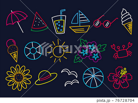 夏のイラストセット　線画　ネオンカラー 76728704