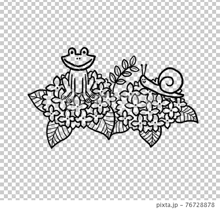 カエルとカタツムリがいる紫陽花の線画イラストのイラスト素材