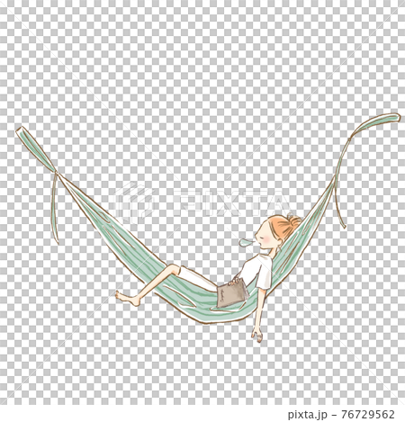ハンモックでお昼寝する若い女性のイラストのイラスト素材