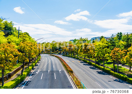 春の青空と新緑の街路樹が並ぶ広い道路の写真素材 76730368 Pixta