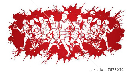 Group of Gaelic Football Female Players Sport Action Cartoon Graphic Vector. 76730504