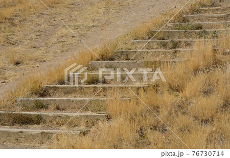 Wooden outdoor stairs on hill of dry autumn golden grasses dried from drought 76730714