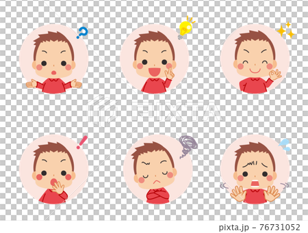 一個可愛的小男孩思考的插圖，圖標集，白色背景，問答，各種面部表情 76731052