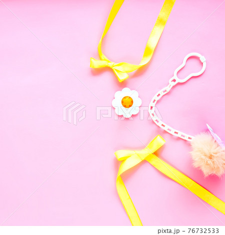 things, staff, accessories for newborn baby on pink background 76732533