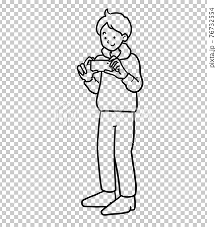 Line drawing illustration of a man holding a smartphone camera 76732554