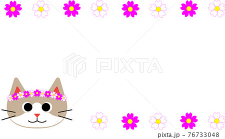 花飾りを頭につけたネコとお花のイラスト素材