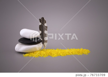 Black and white stones and woodpecker feather Black and white stones and woodpecker feather 76733709