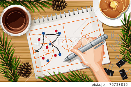 Hand writing basketball plan close up on desk background with pancake and some leaves props 76733816