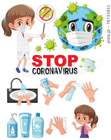 Stop coronavirus text sign with hand using sanitizer products 76733831